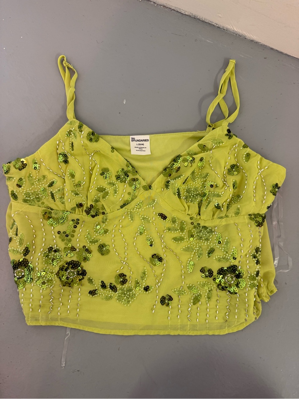 No Boundaries Neon Lime Beaded Sequin Cami - Picture 1 of 2
